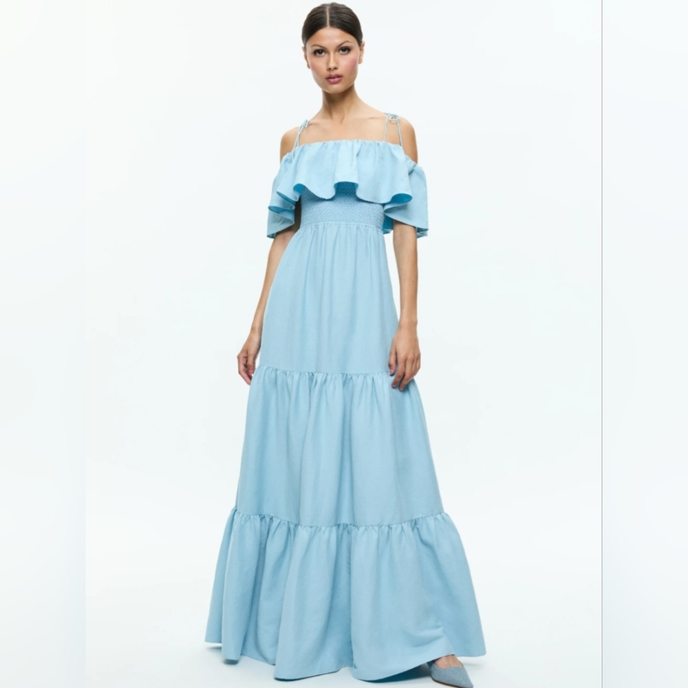 Alice + Olivia Blue Off-Shoulder Maxi Dress